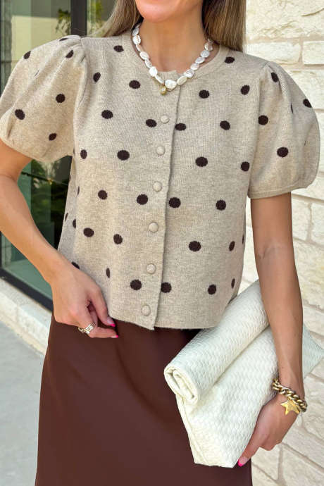 Khaki Polka Dot Krótki kardigan casualowy z bufiastymi rękawami i guzikami z przodu