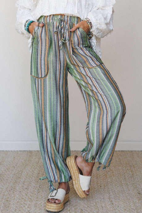 Green Stripe Drawstring Waist Tied Ankle-Length Casual Pants
