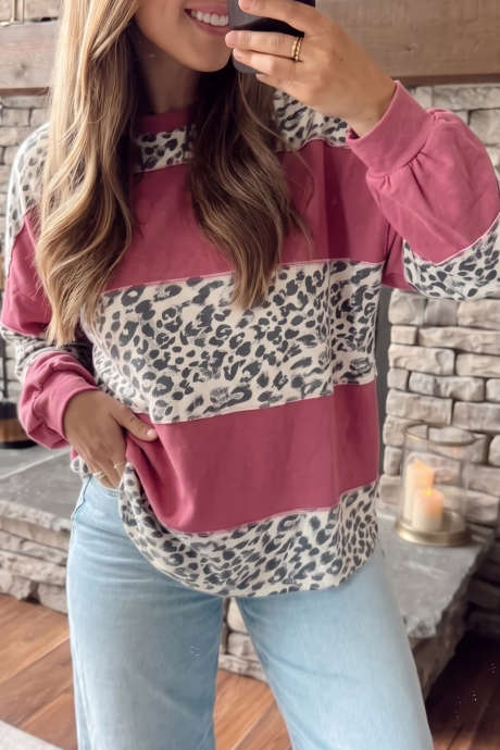 Rosa Leopard Patchwork Colorblock Långärmad Topp