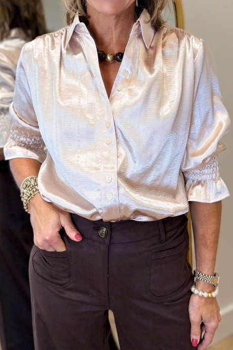 Apricot Ruffle Cuffed Half Sleeve Ruched Detail Glossy Textured Shirt