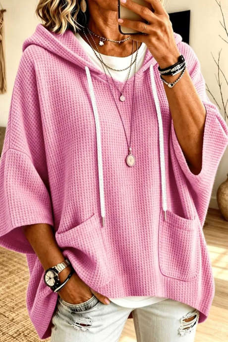 Bonbon Three Quarter Sleeve Drawstring Pullover Waffle Knit Hoodie