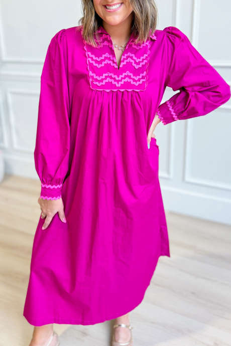 Rose Red  Ric Rac Detailed Collared Long Sleeve Shift Midi Dress