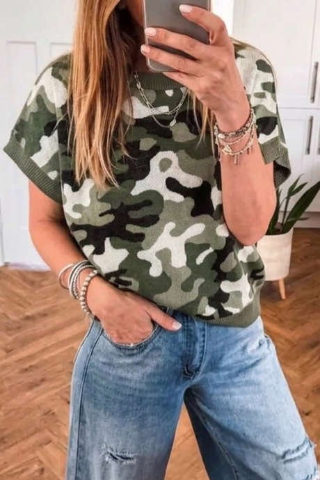 Green Camouflage Short Sleeve Sweater