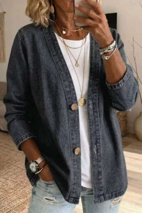 Carbon Grey Casual Button Detail Bracelet Sleeve Shift Denim Jacket