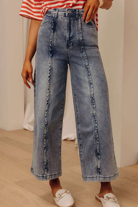Dusk Blue High Waist Ankle Length Ruffled Seam Casual Jeans