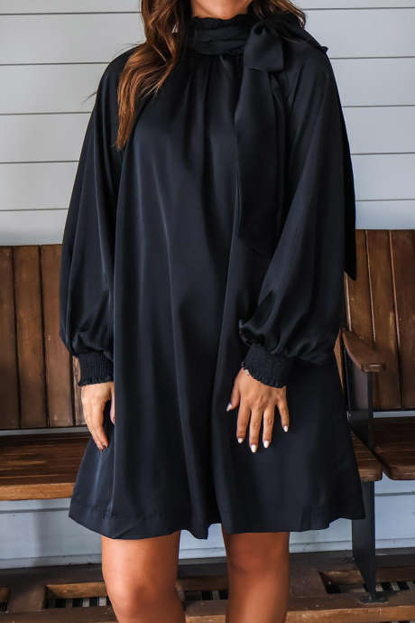 Black Ribbon Knot Ruffled High Neck Long Sleeve Satin Mini Dress