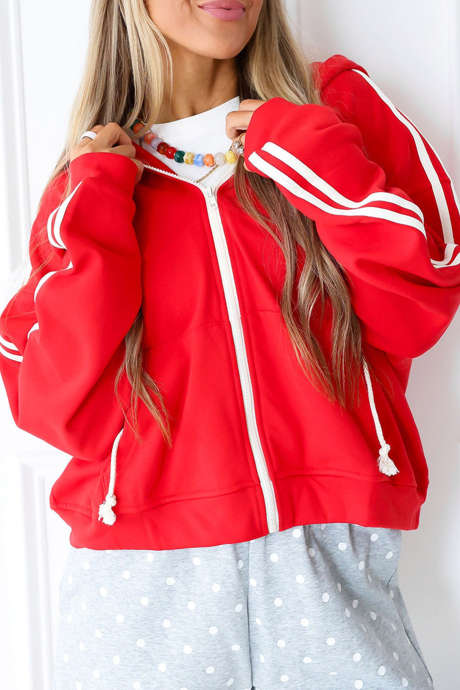 Sudadera con capucha y cremallera informal de color rojo intenso