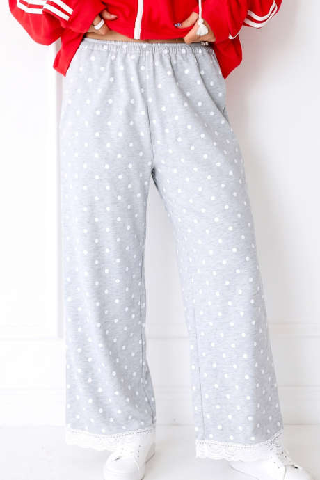 Gray Polka Dot Lace Trim Wide Leg Pants