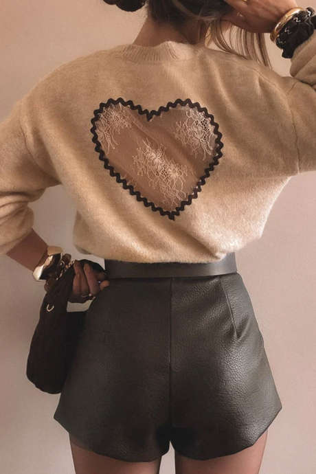 Parchment Lace Trim Heart Shape Knit Casual Sweater
