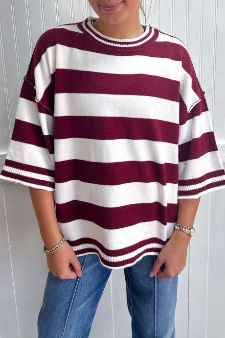 Red Stripe Ribbed Trim 3/4 Sleeve Round Neck Game Day Oversize Sweater