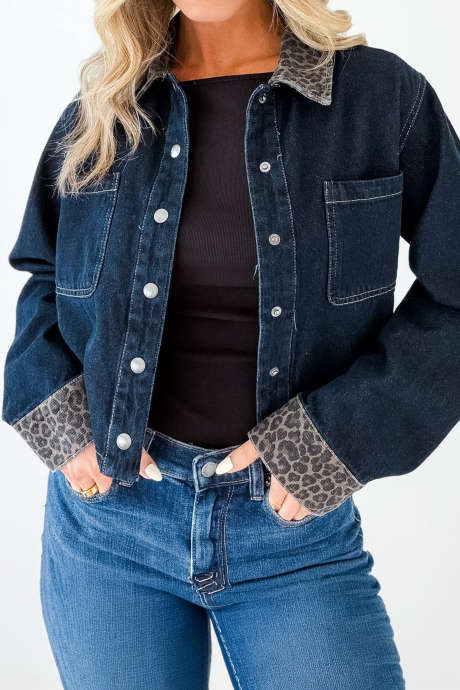 Navy Blue Metal Snap Button Contrast Leopard Collar Cuffs Casual Denim Jacket