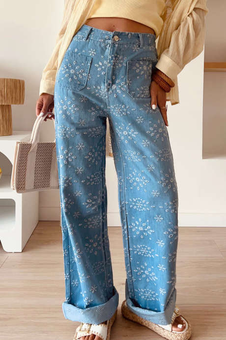 Jeansy Dusk Blue Eyelet z szerokimi nogawkami i haftem kwiatowym