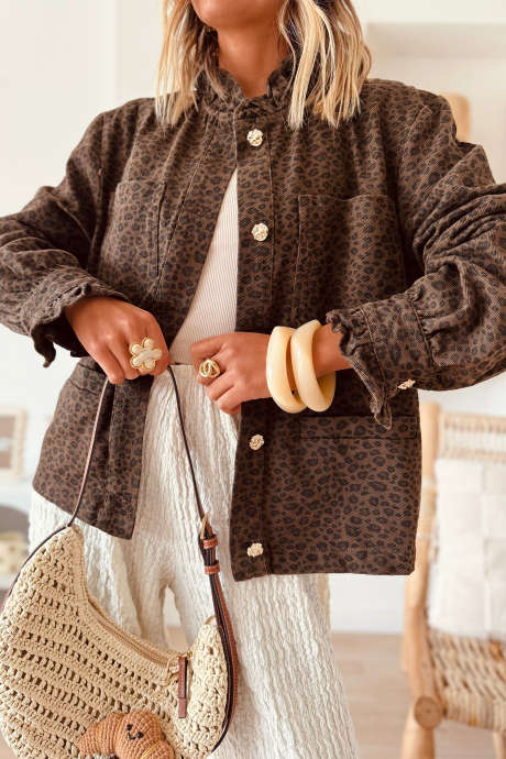 Coffee Leopard Print Ruffled Collar Cuffs Button Shift Denim Jacket