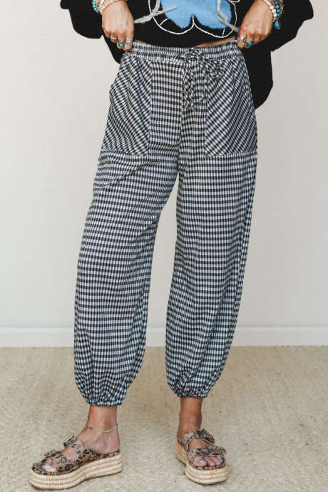 Black Plaid Tie Elastic Waist Ankle-length Jogger Pants