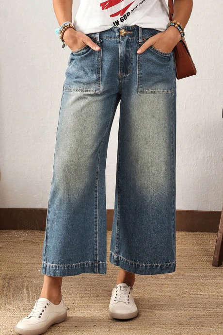 Dusk Blue Casual Wide Leg Ankle-length Solid Jeans