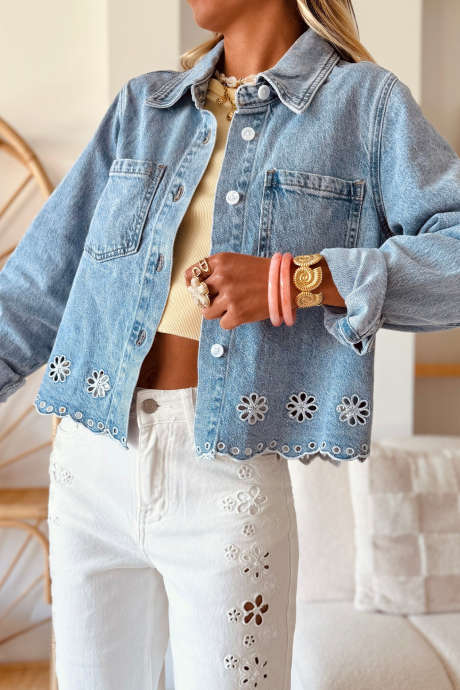 Light Blue Hollow Out Embroidered Detail Wavy Hem Denim Jacket