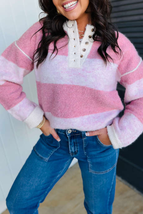Pink Stripe Color Block Button V Neck Pullover Sweater
