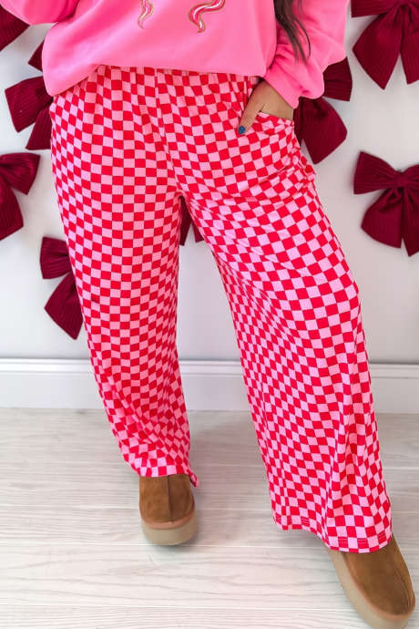 Pantalones casuales holgados de talla grande con estampado a cuadros rosas