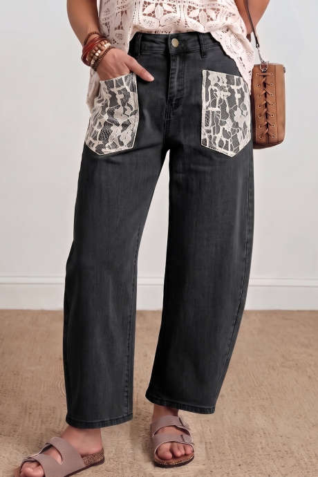 Black Lace Patchwork Ankle-Length Curved-Knife Denim Pants
