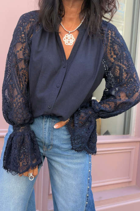 Navy Blue Lace Splicing Flounced Long Sleeve Button Down Shirt
