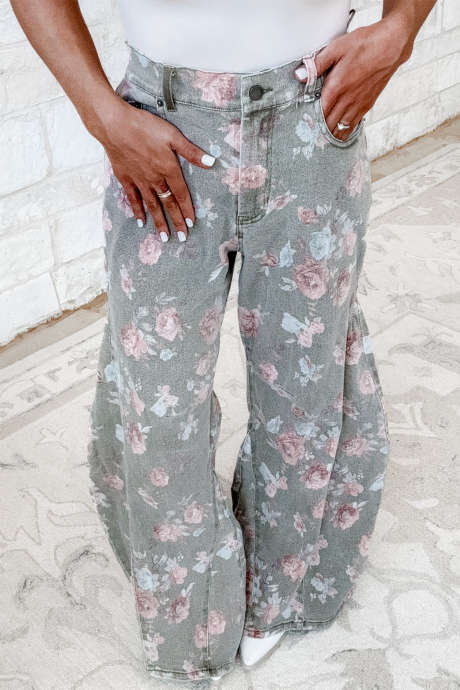 Gray Vintage Washed Floral Print Wide Leg Jeans