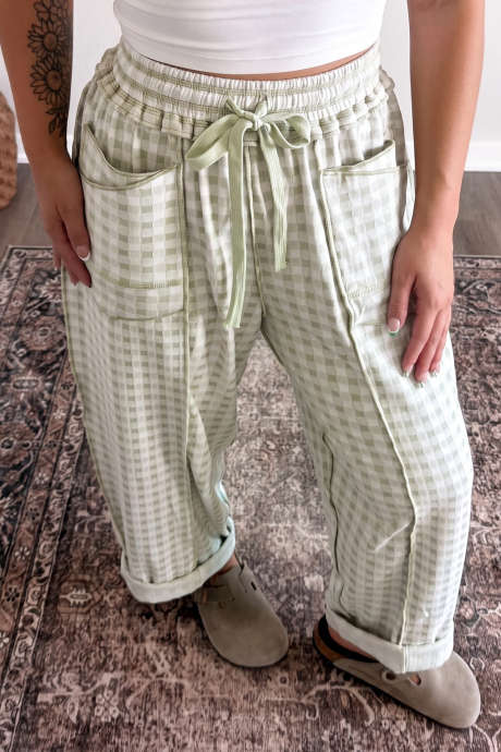 Pantalon à carreaux verts avec bordure contrastée et taille élastique à cordon de serrage