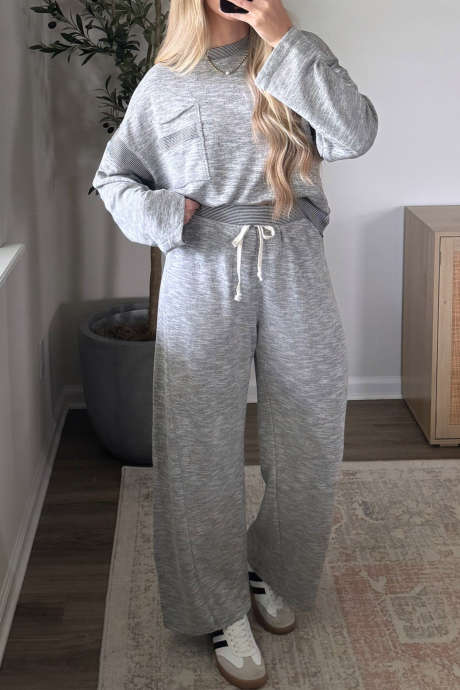 Gray Striped Detail Raw Edge Patch Pocket Long Sleeve Top Loose Drawstring Pants Set