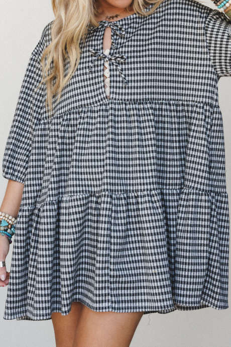 Black Plaid Tie Neck Tiered Ruffles Casual Plus Size Mini Dress