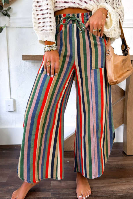 Multicolour Striped Drawstring Ruffled Waist Casual Split Denim Pants