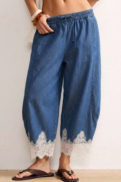 Sail Blue Tie Elastic Waist Contrast Lace Hem Accent Casual Barrel Jeans
