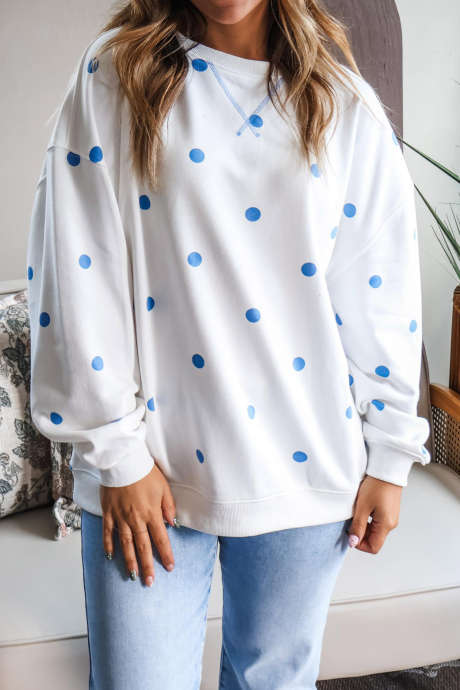 White Polka Dot Drop Shoulder Cross Stitch Detail Round Neck Tunic Sweatshirt