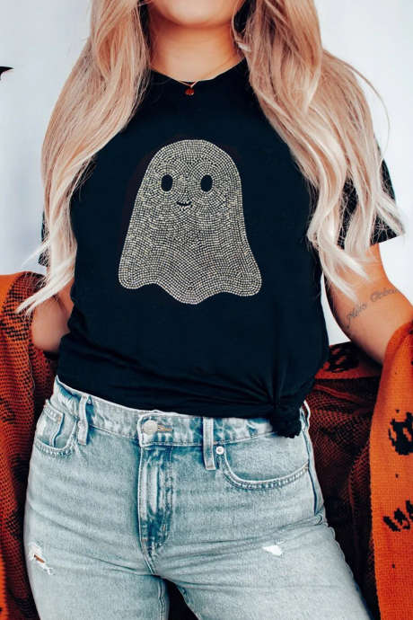 Zwart T-shirt met spookmotief en strasssteentjes voor Halloween