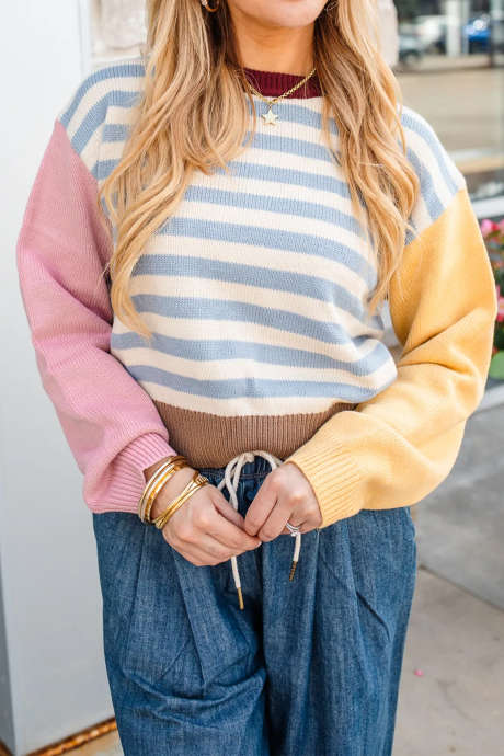 Multicolour Color Block Striped Patchwork Drop Shoulder Casual Sweater