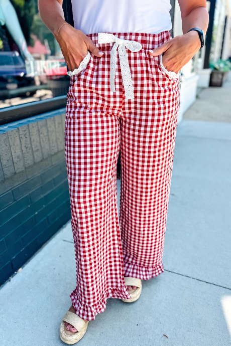 Red Plaid Ruffle Hem Contrast Lace Tie Pocketed Straight Leg Pants