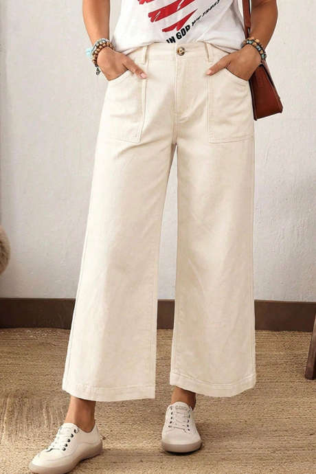 White Casual Wide Leg Ankle-length Solid Jeans