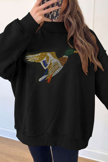 Czarna bluza-tunika z nadrukiem Flying Mallard i kryształkami LC25322885-P2