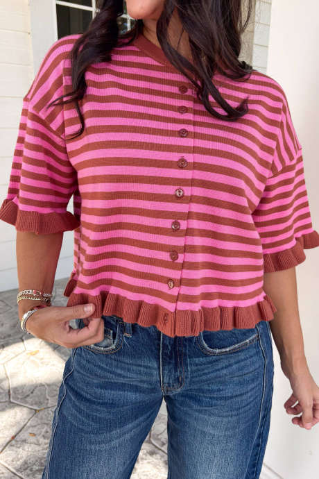 Red Stripe Ruffle Trim Half Sleeve Button Front Casual Knit Cardigan