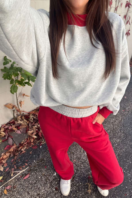 Gray Color Block Patchwork Sweatshirt Elastic Waist Jogger 2pcs Set