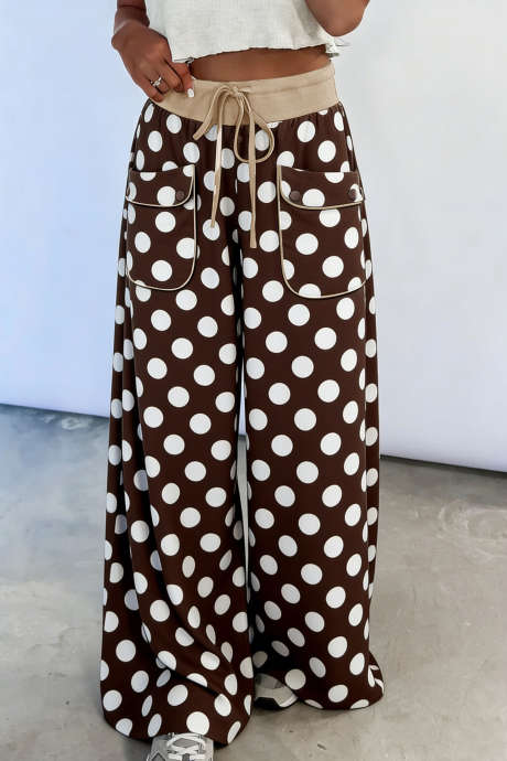 Pantalon large à pois marron avec cordon de serrage et poches