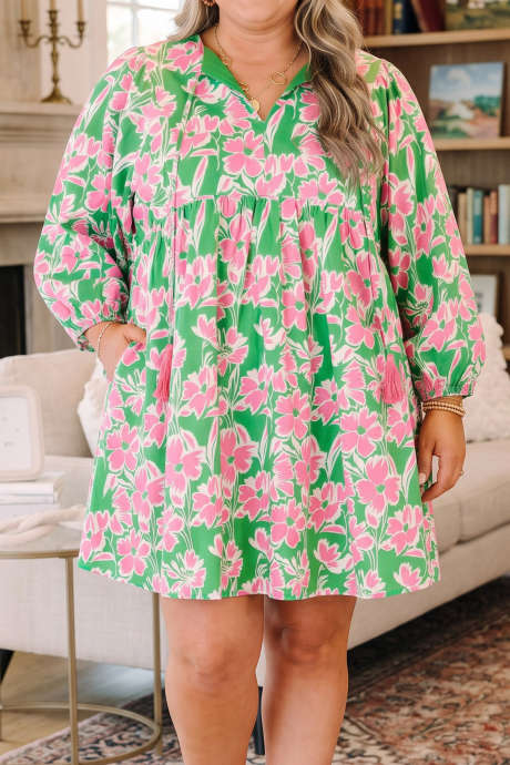 Green Plus Size Floral Print Tie V Neck Long Sleeve Shift Dress