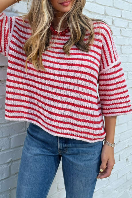 Red Stripe Textured Round Neck Bracelet Sleeve Sweater