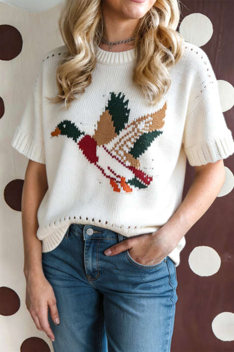 White Flying Mallard Pattern Knit Hollowed Detail Casual Short Sleeve Sweater