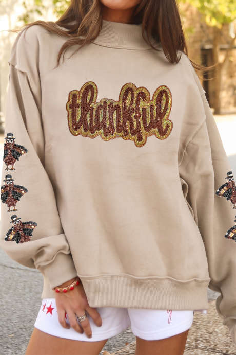 Apricot Sequin Thankful Graphic Exposed Seam Mock Neck Turkey Sleeve Pullover Sweatshirt LC25322890-P18