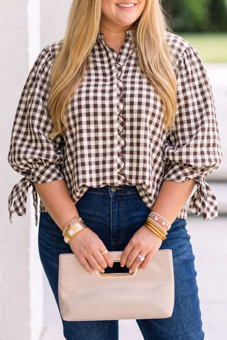 Brown Plaid Knot Long Sleeve Scalloped Trim Plus Size Shirt