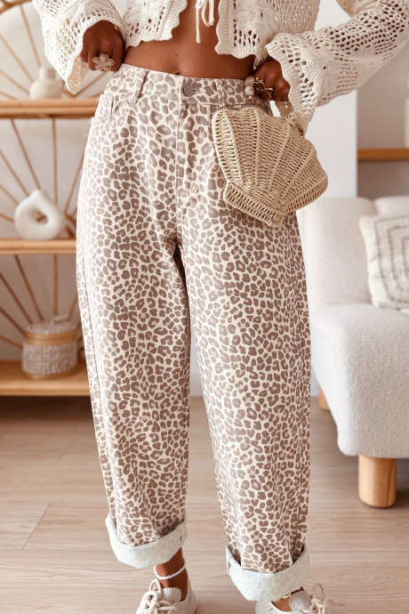 Jeans informals relaxats de cintura alta amb estampat de lleopard gris
