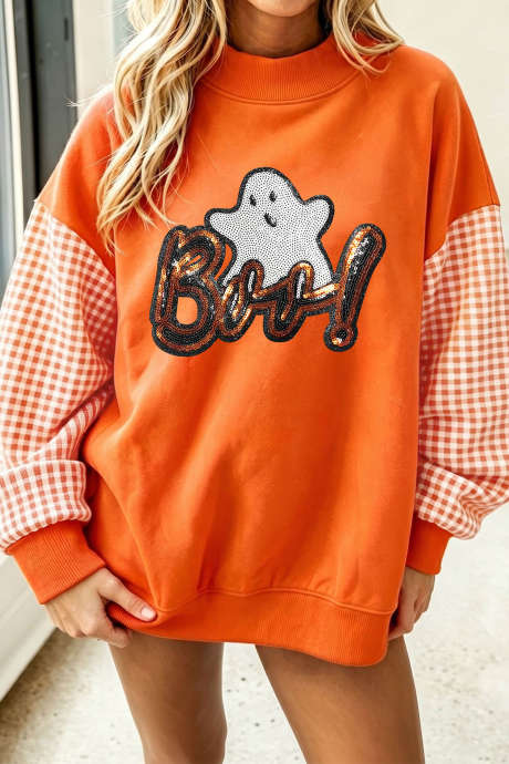 Sudadera de Halloween con estampado de fantasmas, lentejuelas y patchwork en color naranja rojizo (LC25322892-P7014)
