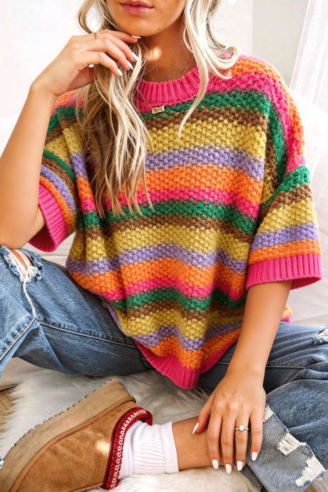 Strawberry Pink Striped Drop Shoulder Knit Short Sleeve Sweater