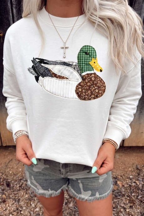 Sudadera informal de cuello redondo con estampado de pato blanco LC25322958-15