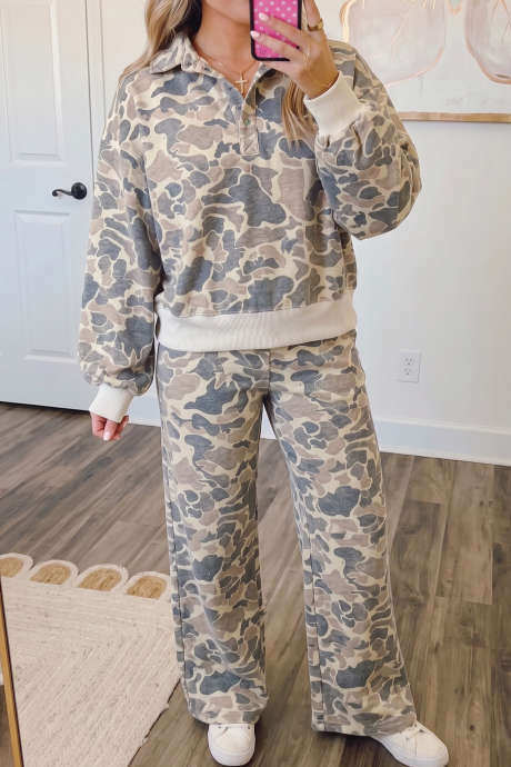 Multicolour Camouflage Snap Buttons Collared Pullover Casual Pants Set