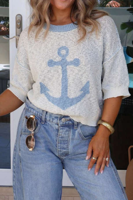 White Lightweight Brushed Knit Anchor Print Short Sleeve Sweater
